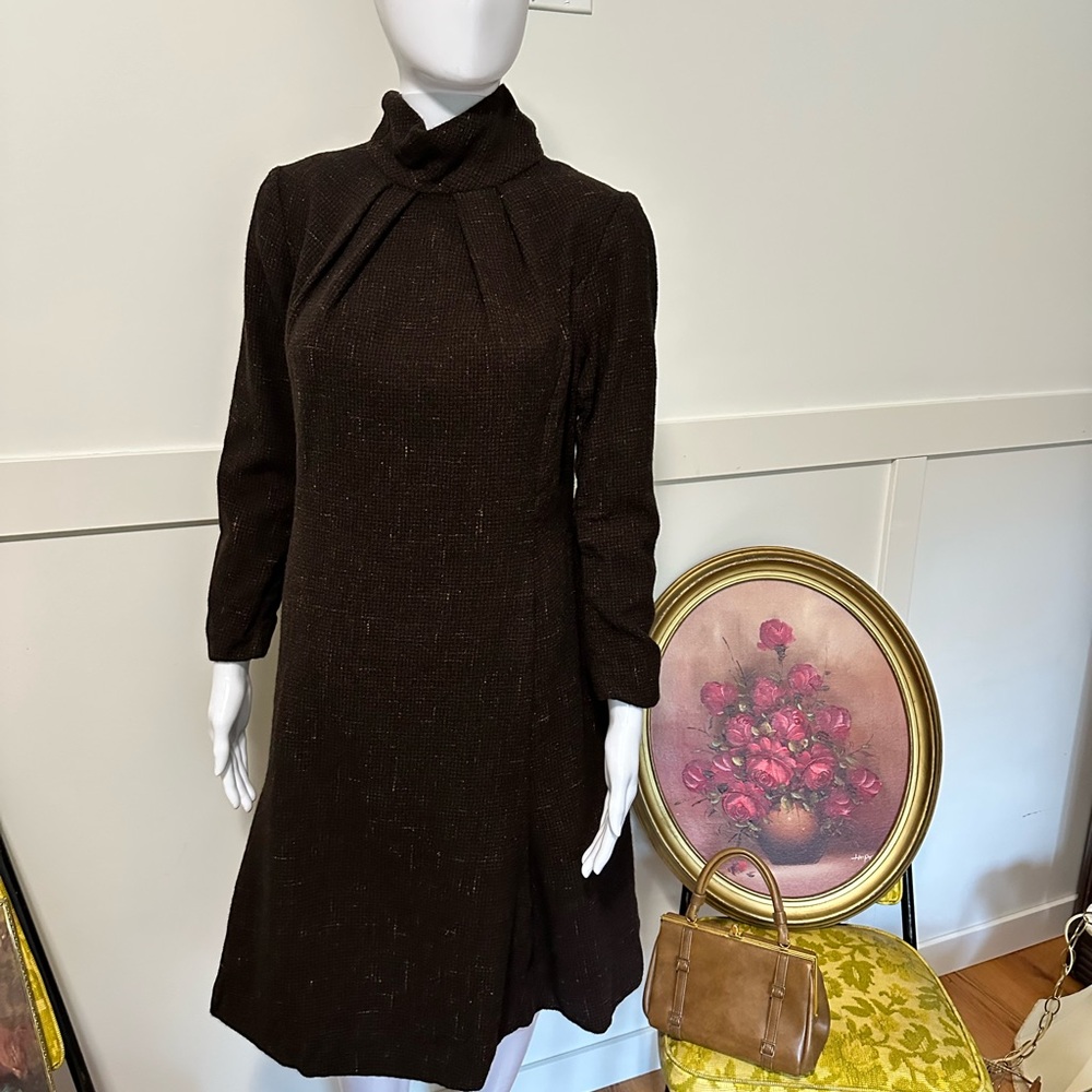 Vintage 1960s Brown A-Line Dress • High Neck Pleated Detail • Classic Mod Shift